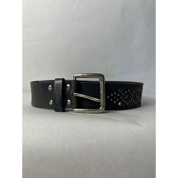 Vintage Calvin Klein Belt Leather Large Black Distressed Studded - Picture 1 of 6